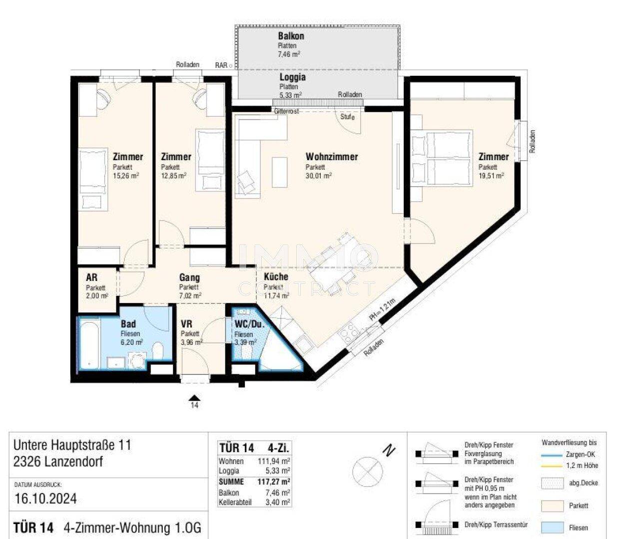 Detaillierter Grundriss einer 4-Zimmer-Wohnung mit Balkon und Loggia.