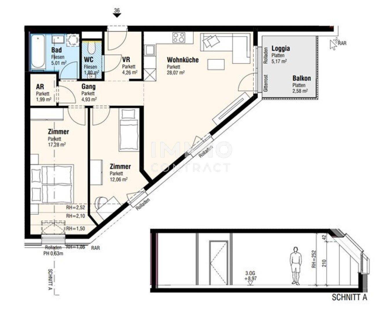 Detaillierter Grundriss einer Wohnung mit drei Zimmern, Bad, WC, Loggia und Balkon.