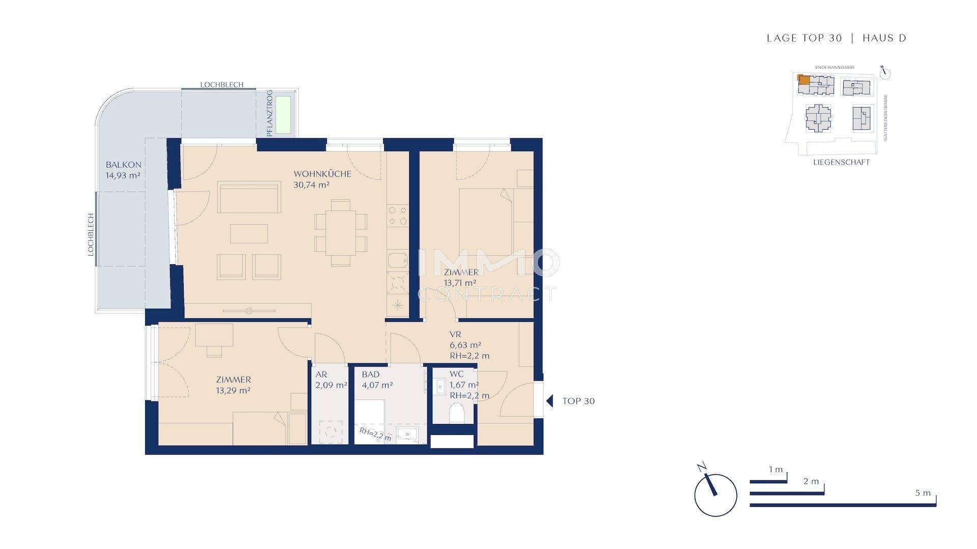 Grundriss einer Wohnung mit Wohnküche, Schlafzimmer und großem Balkon.