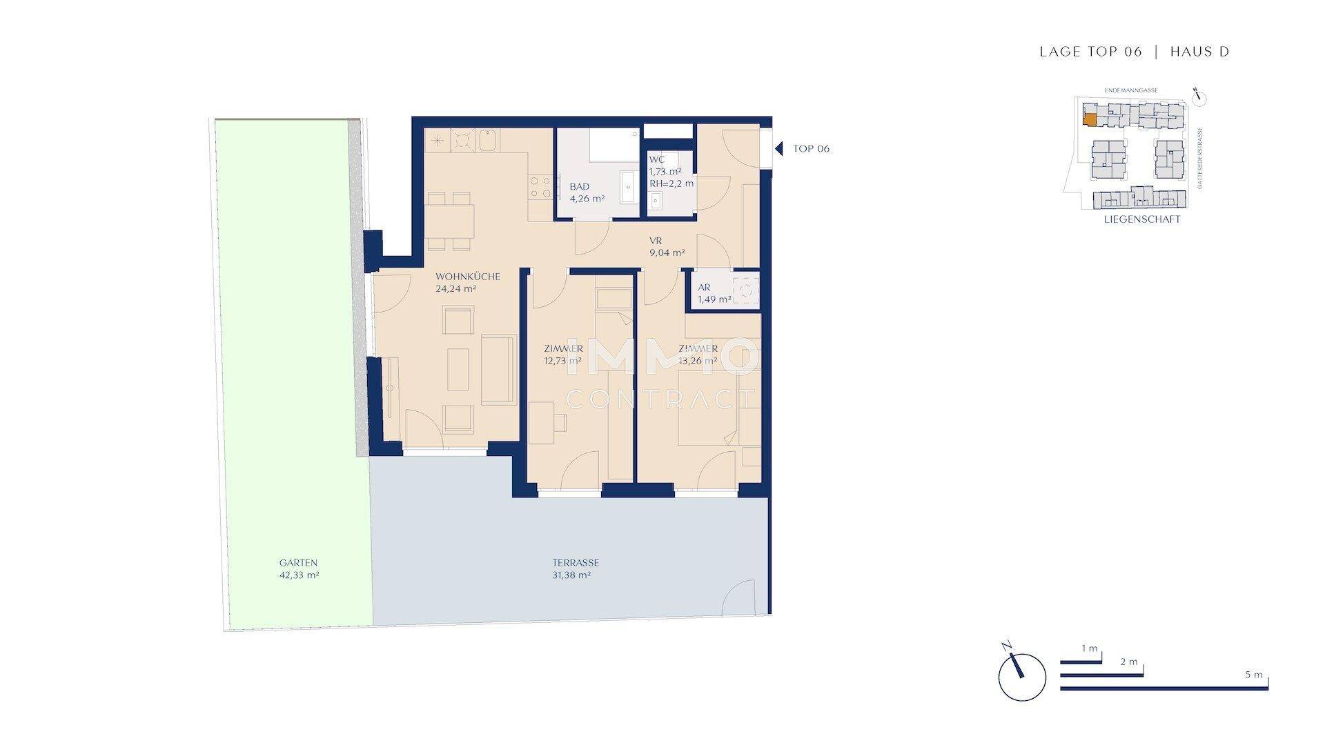 Grundriss einer Wohnung mit Garten und Terrasse, inklusive Wohnbereich und Schlafzimmern.