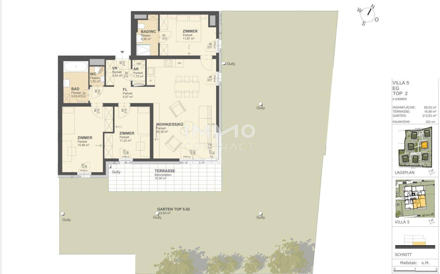 Detaillierter Grundriss einer Villa mit Terrasse, Garten und offenem Wohn-Essbereich.