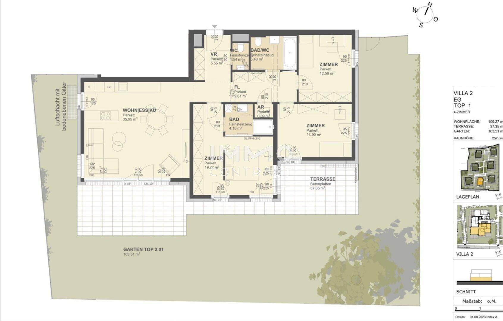 Detaillierter Grundriss einer Villa mit offenem Wohnbereich, Terrasse und Garten im Erdgeschoss.