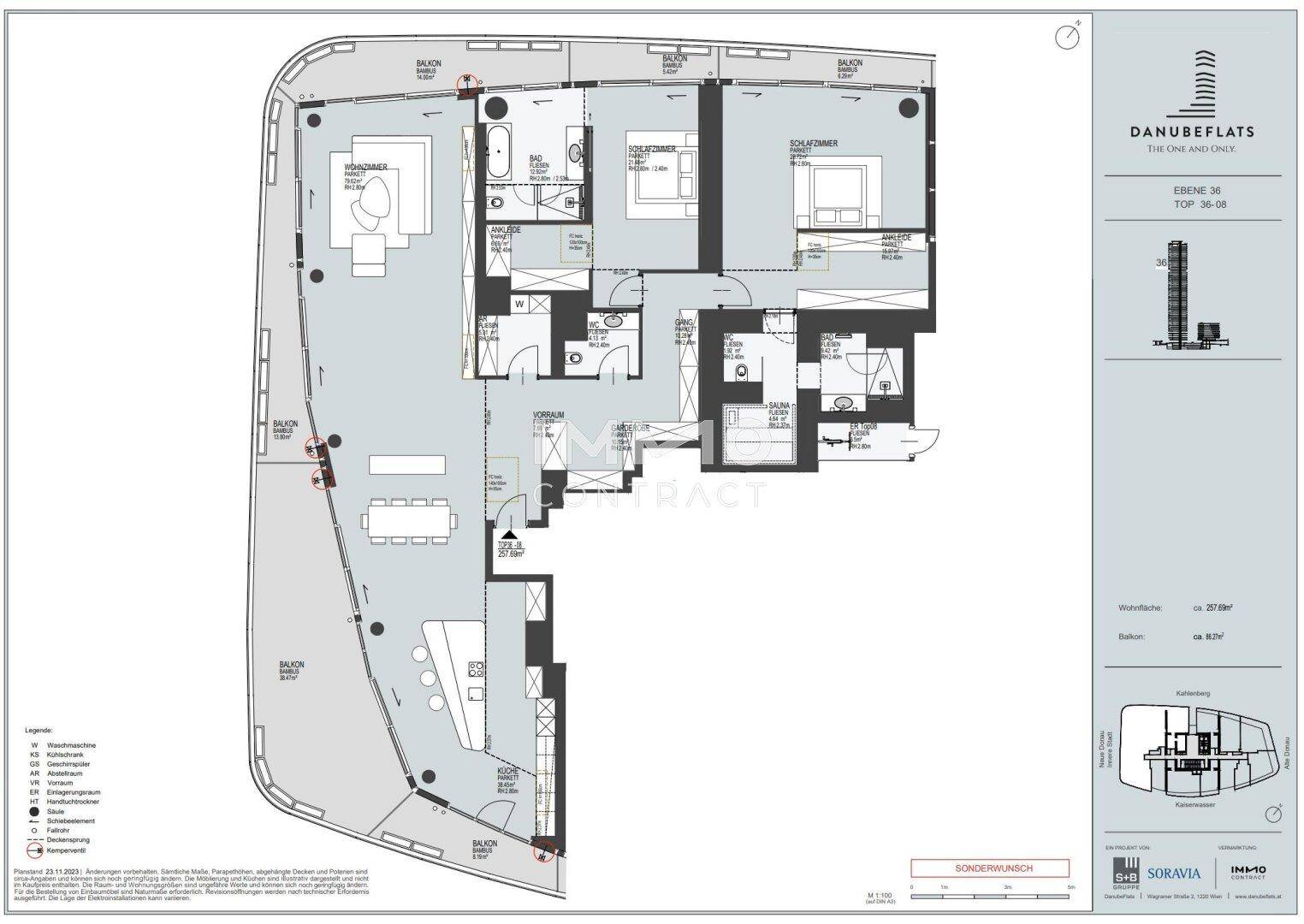 Grundriss einer Wohnung im 36. Stock mit mehreren Zimmern und großem Balkon.