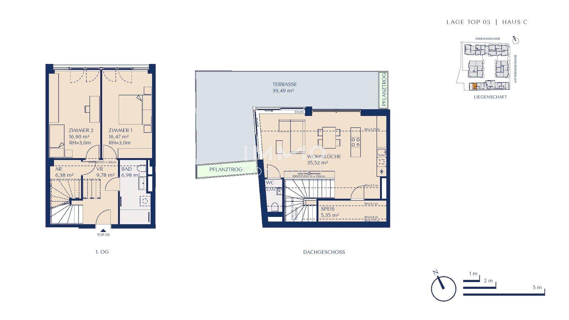 Grundriss des 1. Obergeschosses und Dachgeschosses mit großer Terrasse und offenem Wohnbereich.