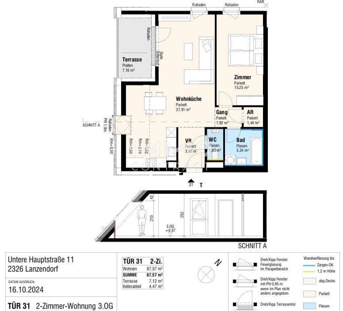 Detaillierter Grundriss einer 2-Zimmer-Wohnung mit Terrasse, Wohnküche und Abstellraum.