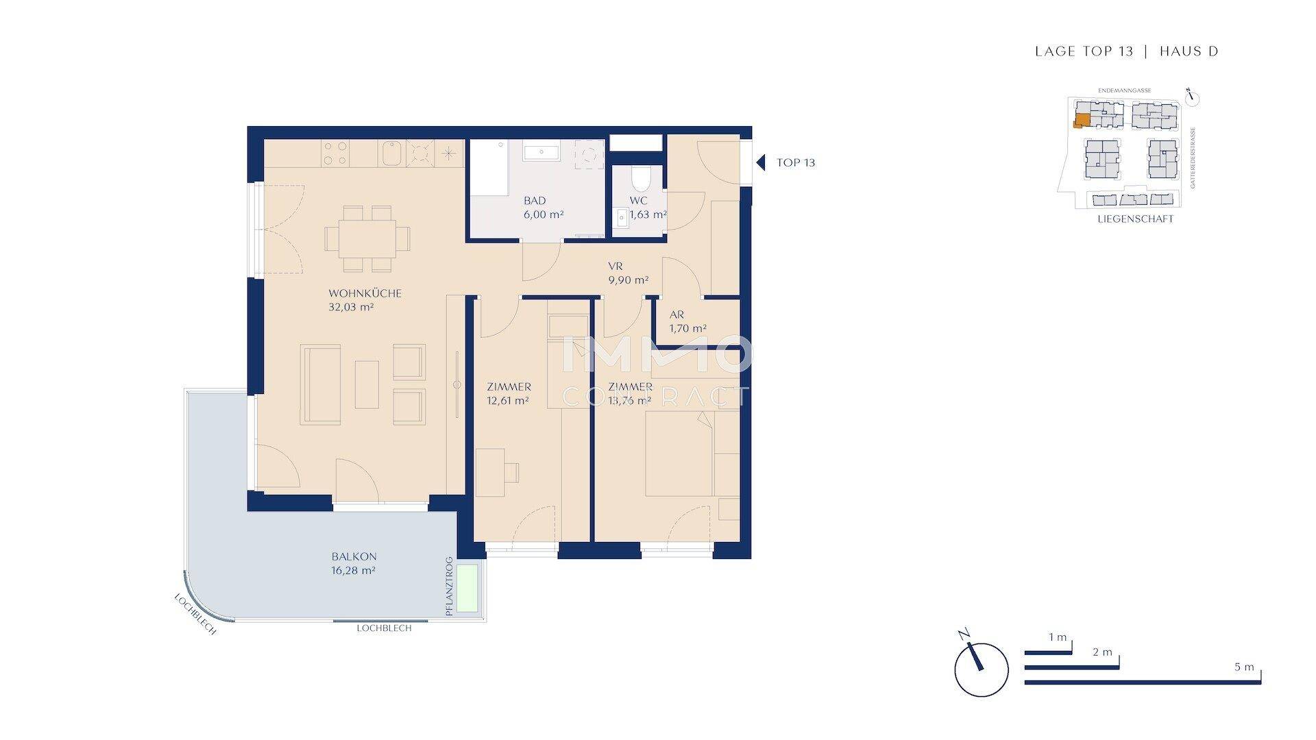 Grundriss einer Wohnung mit Wohnküche, zwei Zimmern, Bad, WC und Balkon.