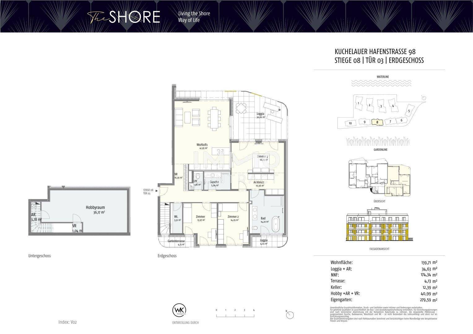 Detaillierter Grundriss einer Erdgeschosswohnung mit Loggia, Terrasse und mehreren Zimmern.