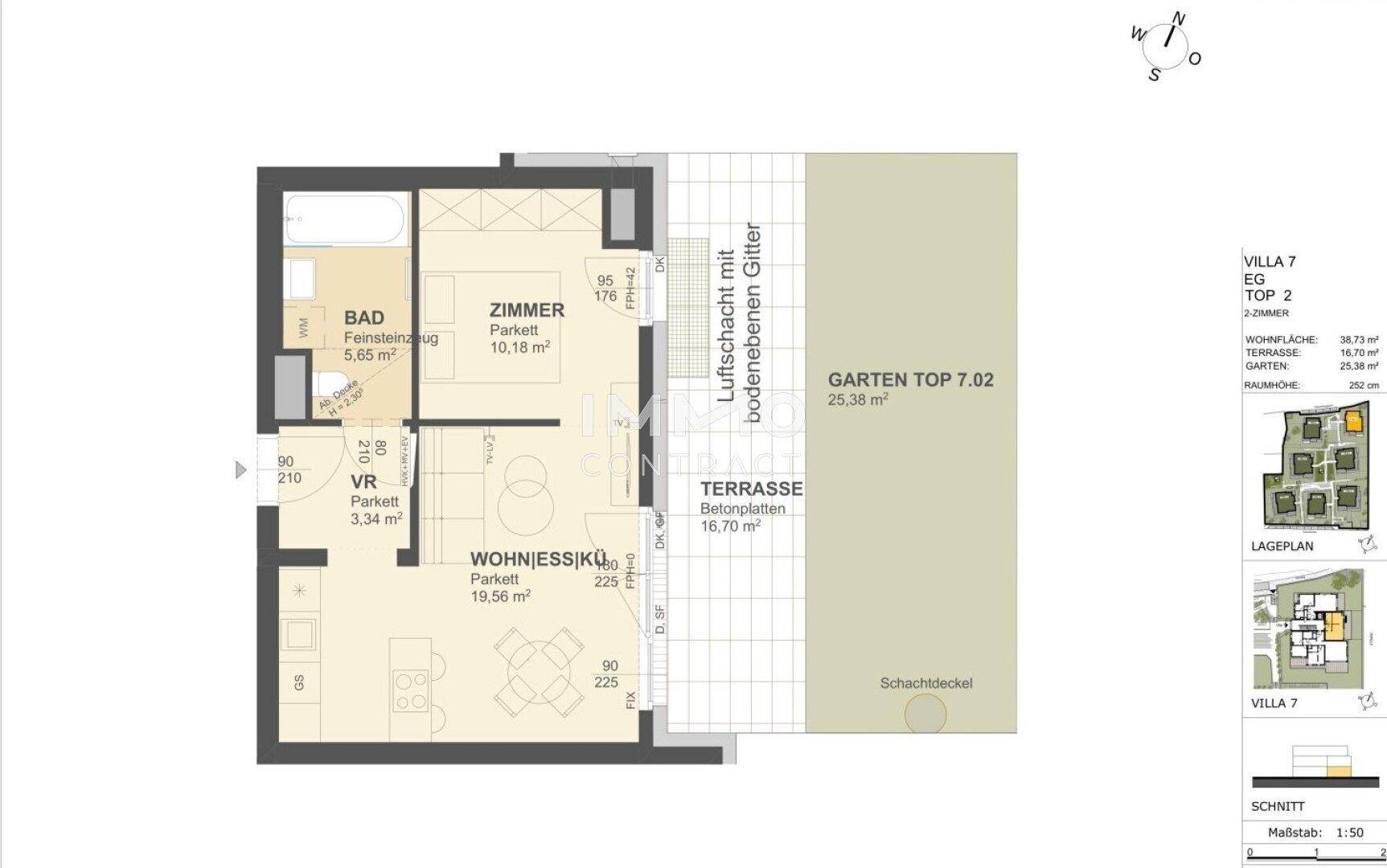 Grundriss einer 2-Zimmer-Wohnung mit Wohnküche, Bad, Terrasse und Gartenanteil.
