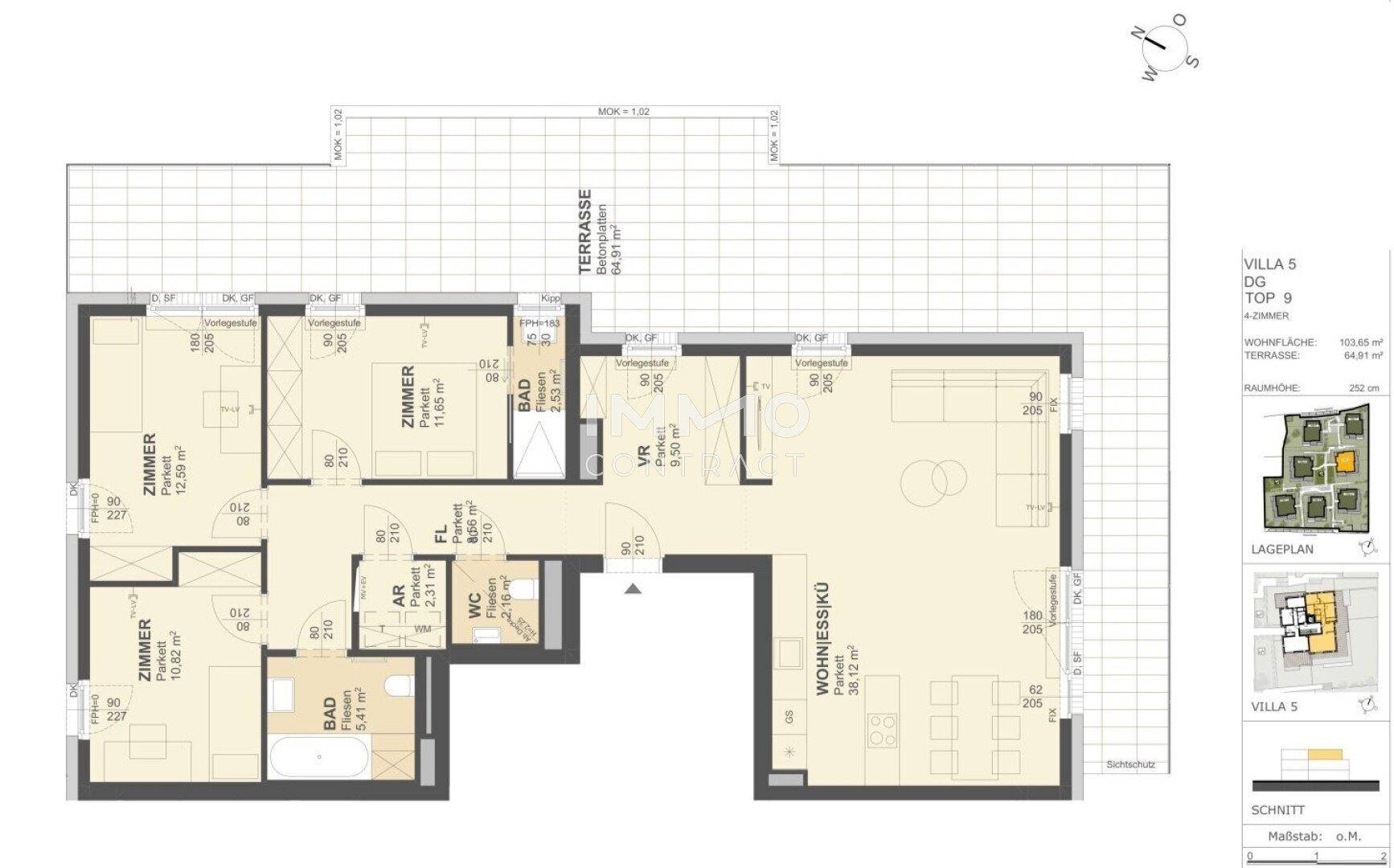 Detaillierter Grundriss einer Wohnung mit mehreren Zimmern, zwei Bädern und großer Terrasse.