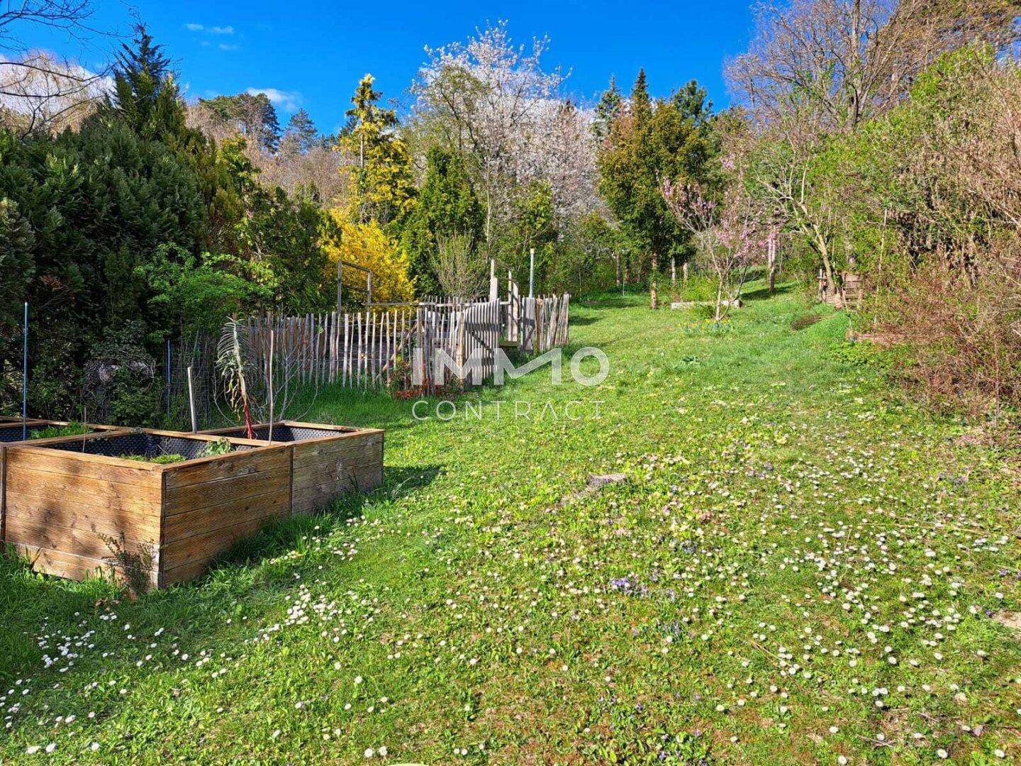 Großer, naturbelassener Garten mit Hochbeeten und viel Grünfläche unter blauem Himmel.