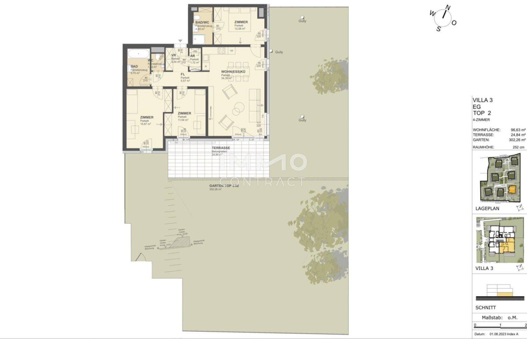 Grundriss der Villa 3, Top 2 im Erdgeschoss mit Wohn-Essbereich, zwei Zimmern und Terrasse.