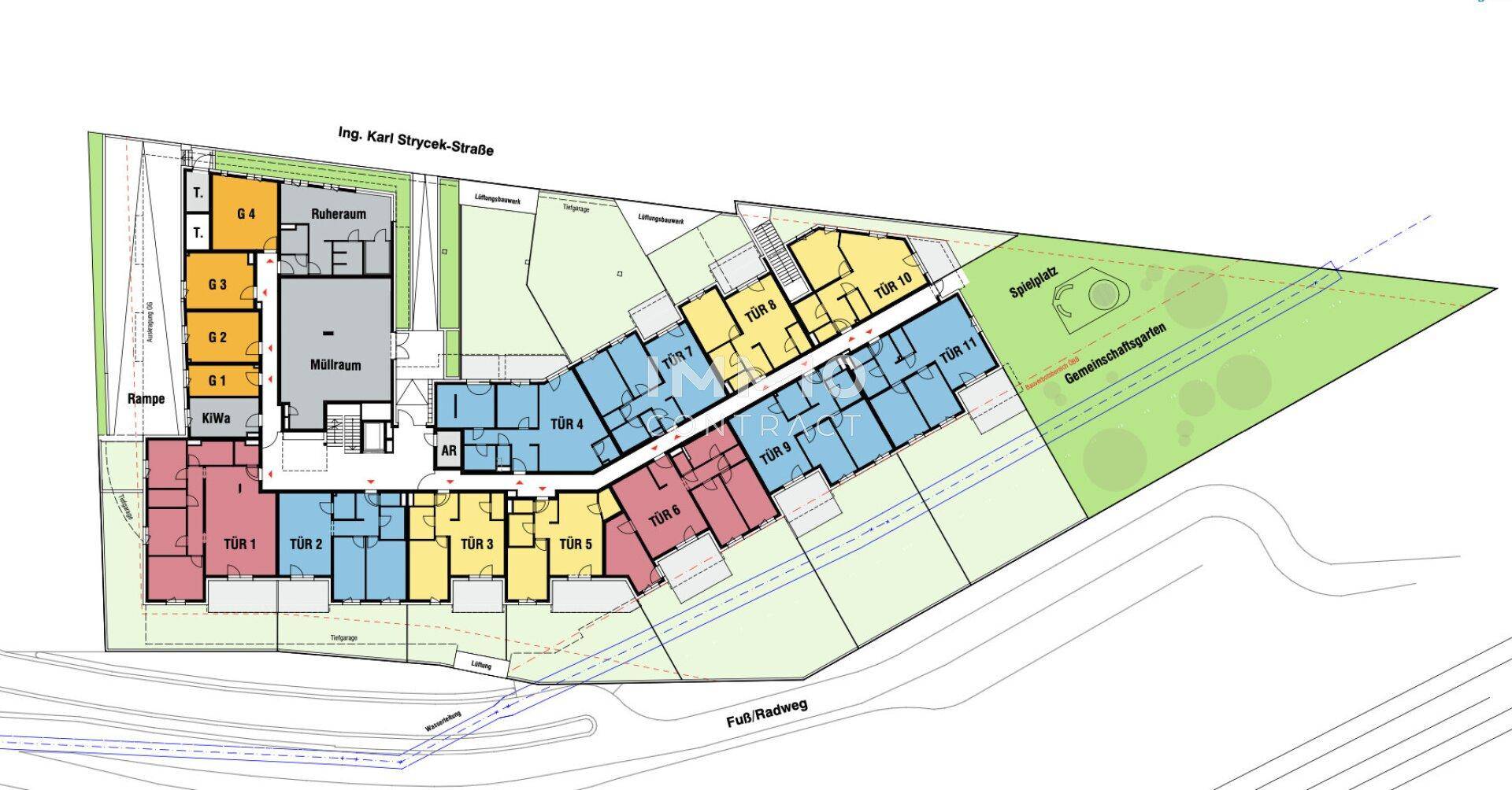 Lageplan des Gebäudes mit umliegenden Grünflächen, Spielplatz und Gemeinschaftsgarten.