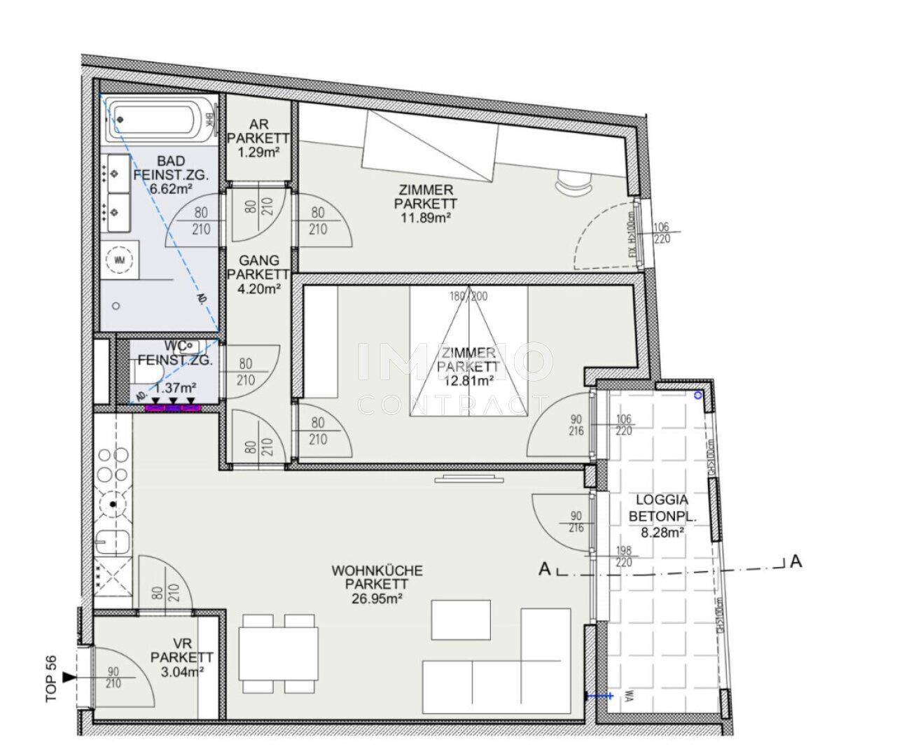 Grundriss einer Wohnung mit Wohnküche, zwei Zimmern, Bad, WC und Loggia.