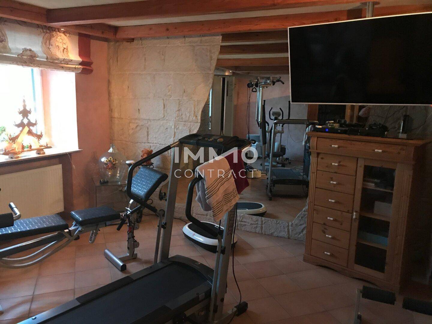 Privater Fitnessraum mit verschiedenen Trainingsgeräten, Fliesenboden und Fernseher.