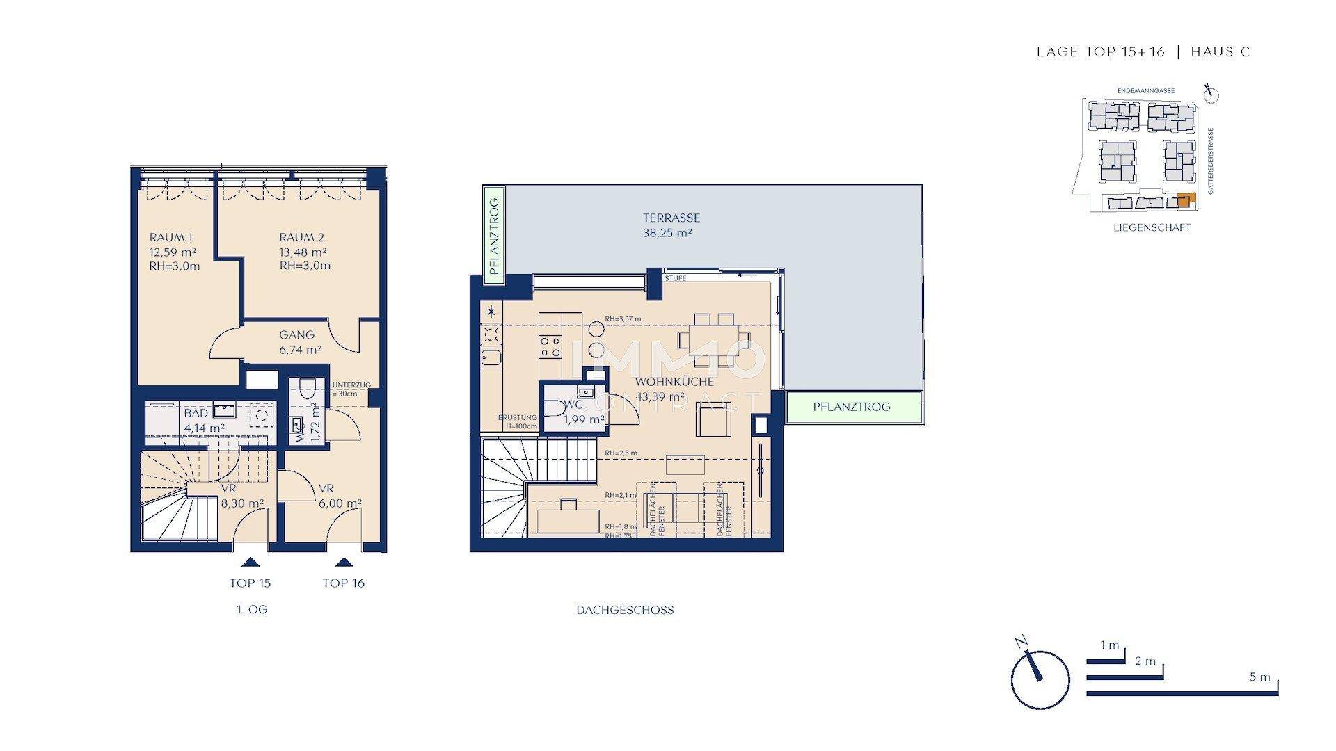 Grundriss einer Maisonette-Wohnung im Dachgeschoss mit großer Terrasse und offenem Wohnbereich.