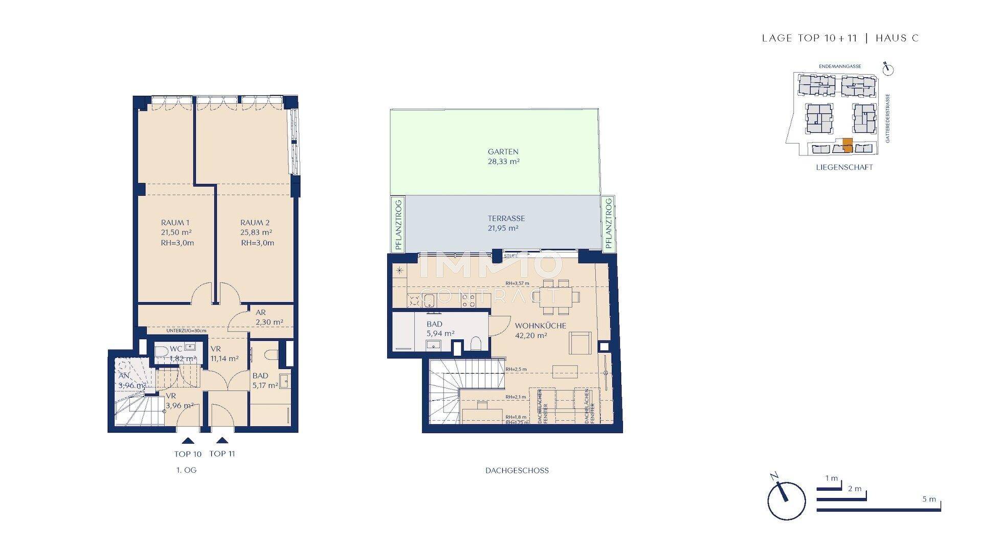 Grundriss des Dachgeschosses und des ersten Obergeschosses mit Garten, Terrasse und offener Wohnküche.