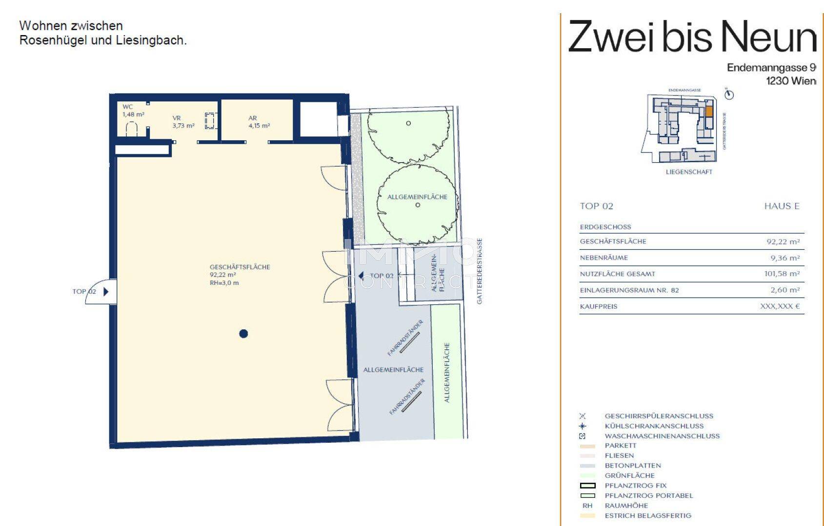 Grundriss einer Gewerbefläche im Erdgeschoss mit Zugang zu Außenbereichen, ideal für Büro oder Praxis.