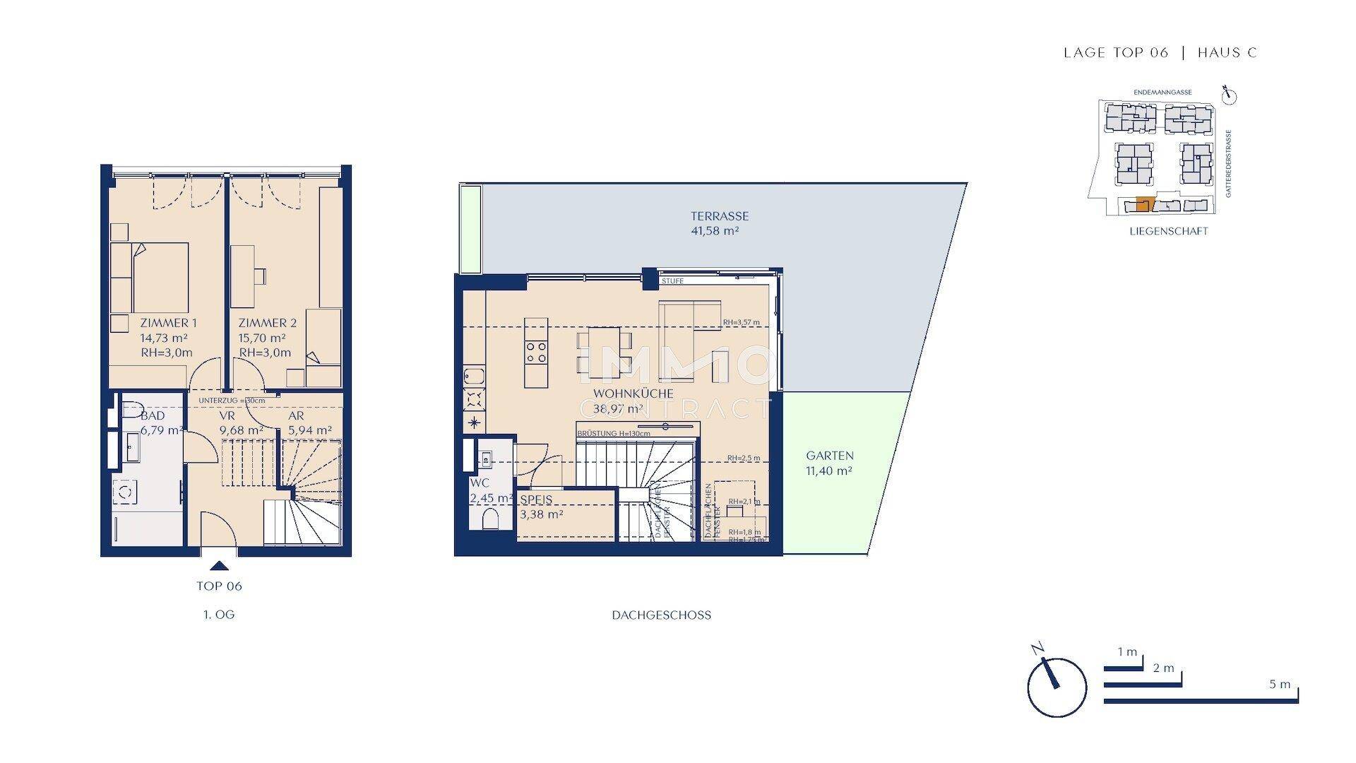 Grundriss einer Maisonette-Wohnung mit Wohnküche, Terrasse und Garten auf zwei Ebenen.