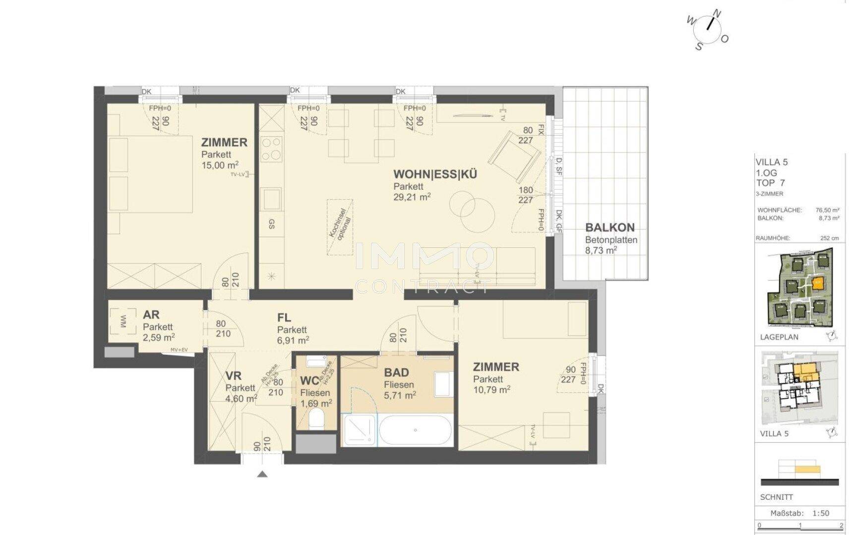 Detaillierter Grundriss einer Wohnung mit Wohn-Essbereich, zwei Zimmern, Bad und Balkon.