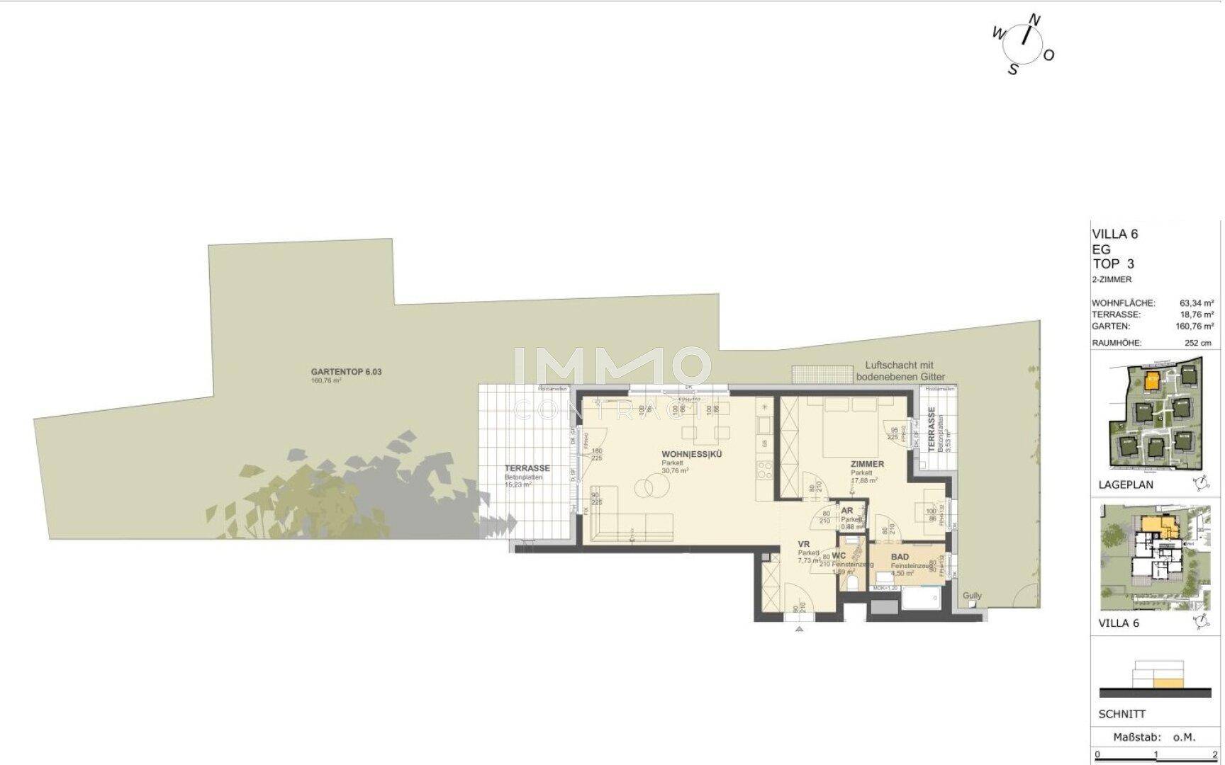 Grundriss der Villa 6, Top 3, zeigt einen offenen Wohnbereich, Schlafzimmer, Bad und eine große Terrasse mit Garten.