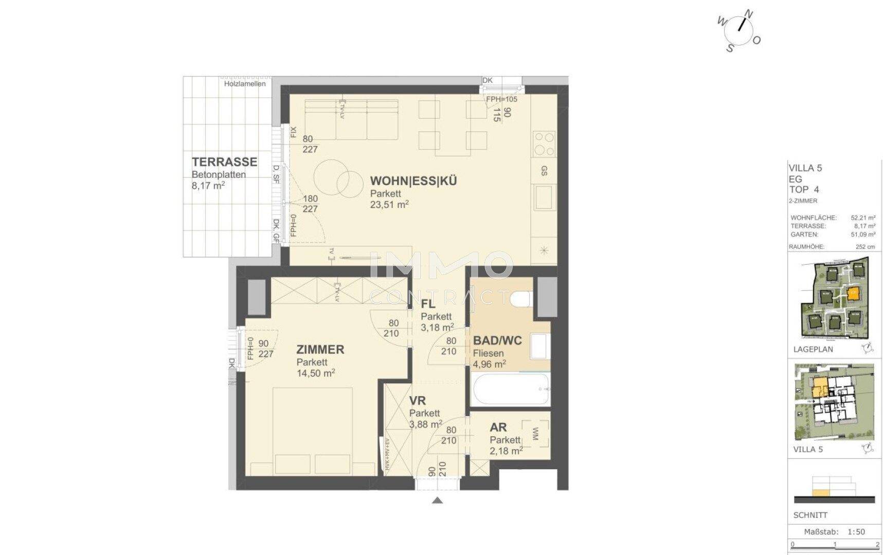 Grundriss einer Wohnung mit offenem Wohn-Essbereich, Schlafzimmer, Bad und Terrasse mit Garten.