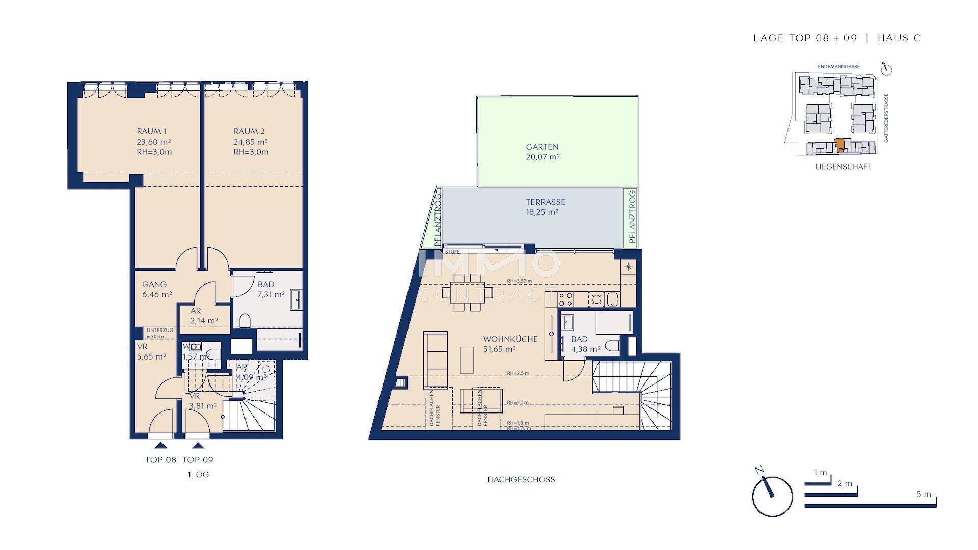 Grundrissplan zeigt eine Maisonette-Wohnung mit zwei Ebenen, Terrasse und Garten.