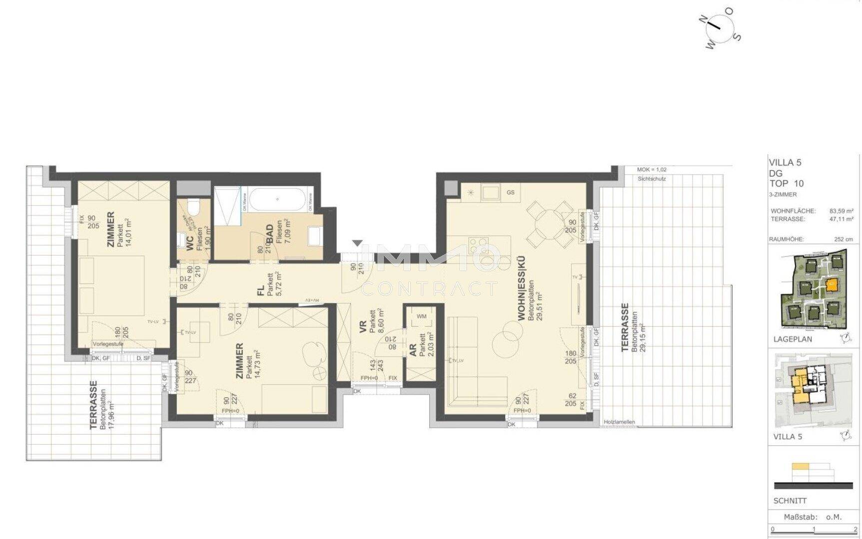 Grundriss einer Wohnung mit drei Zimmern, offener Wohnküche und zwei Terrassen.