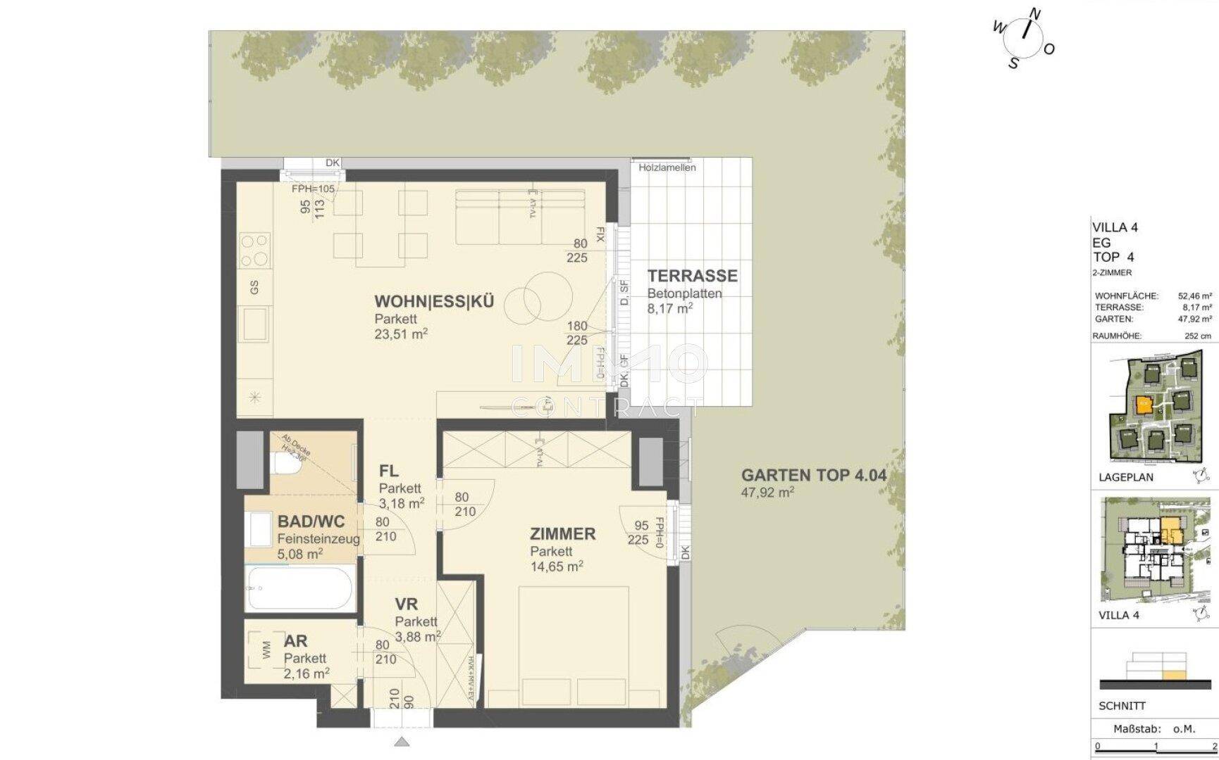 Grundriss einer Erdgeschosswohnung mit offenem Wohn-/Essbereich, Schlafzimmer, Bad, Terrasse und Garten.