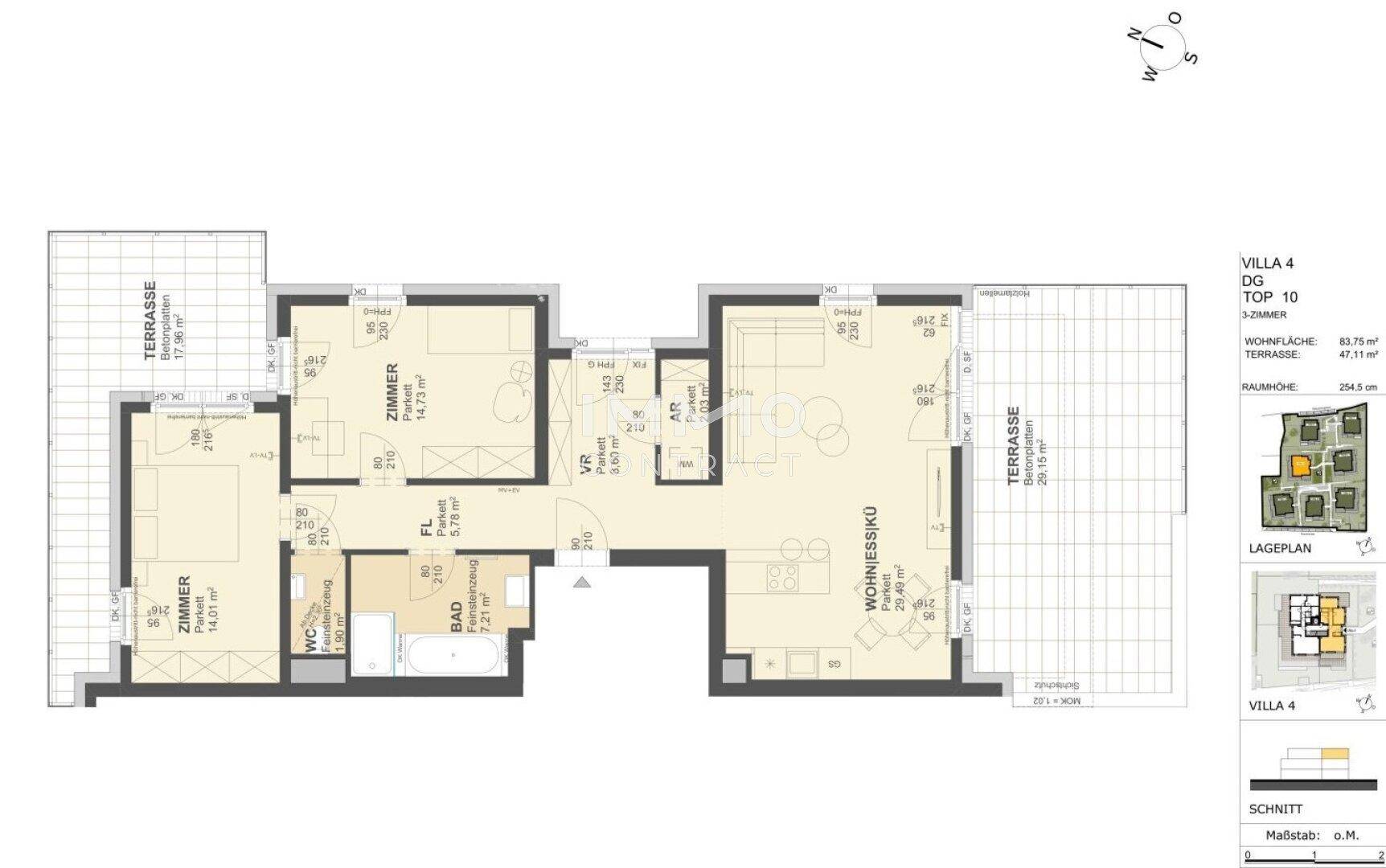 Detaillierter Grundriss der Villa 4, Top 10, mit zwei Terrassen und offenem Wohn-/Essbereich.
