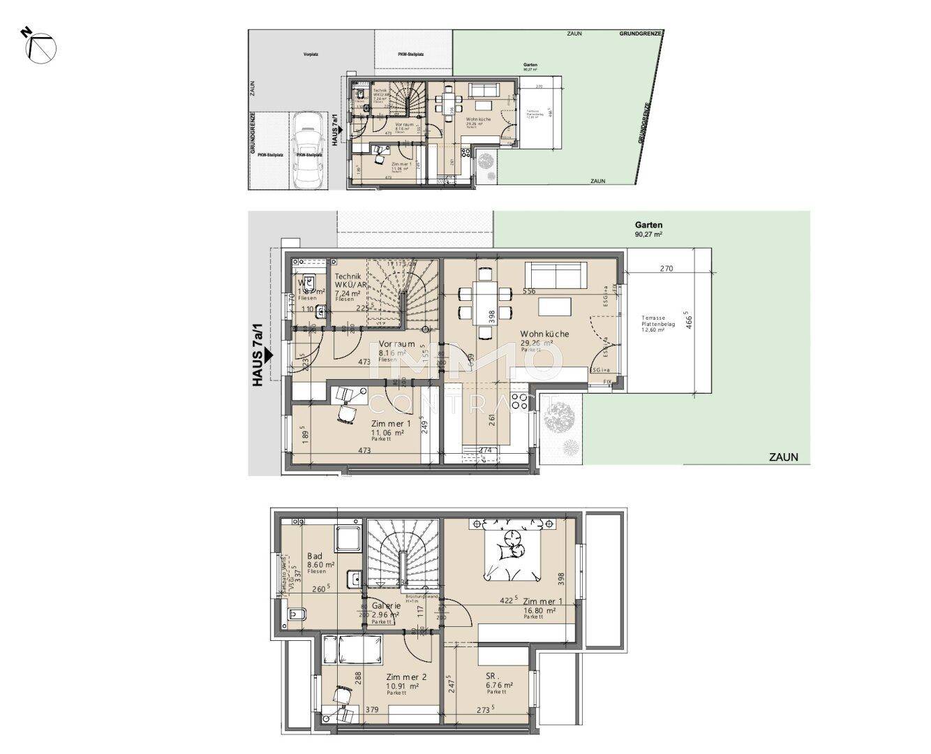 Detaillierter Grundriss eines Hauses mit drei Etagen, Garten und Garage.