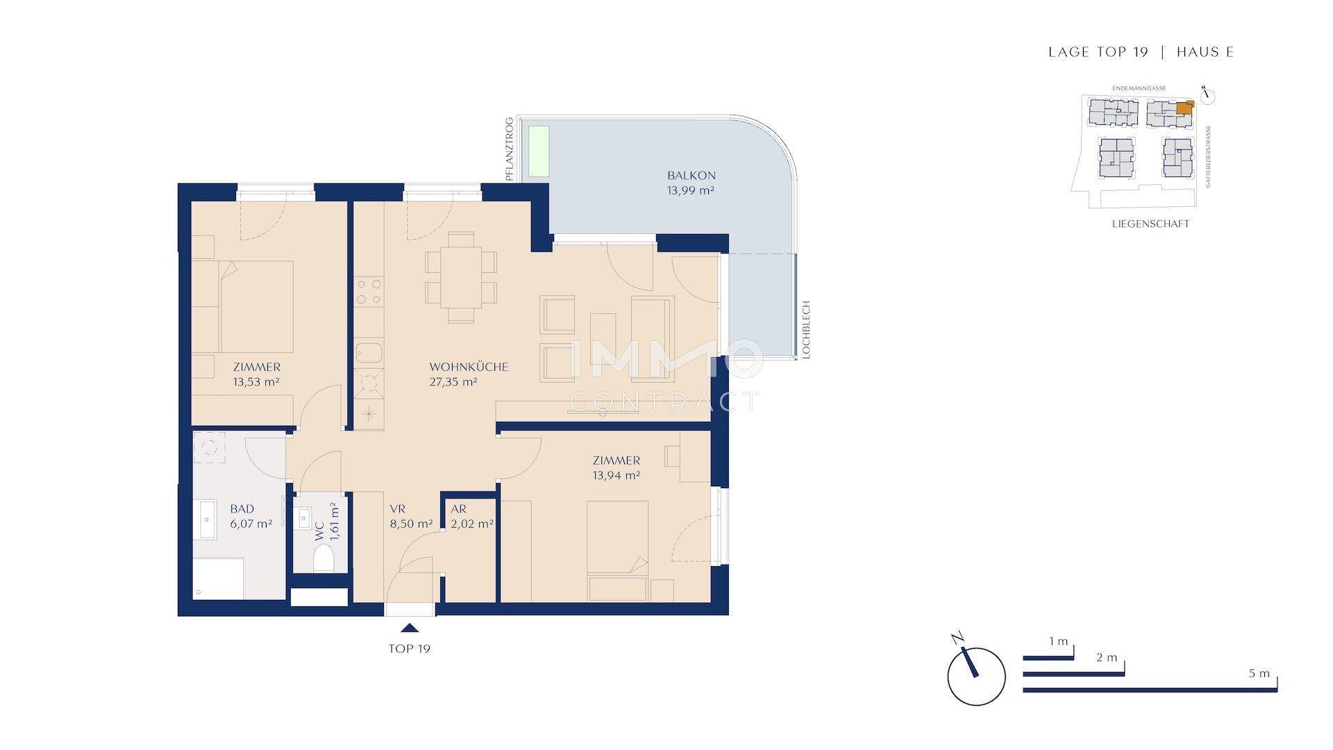 Grundriss einer Wohnung mit zwei Zimmern, offener Wohnküche und einem Balkon von 3,99 m².