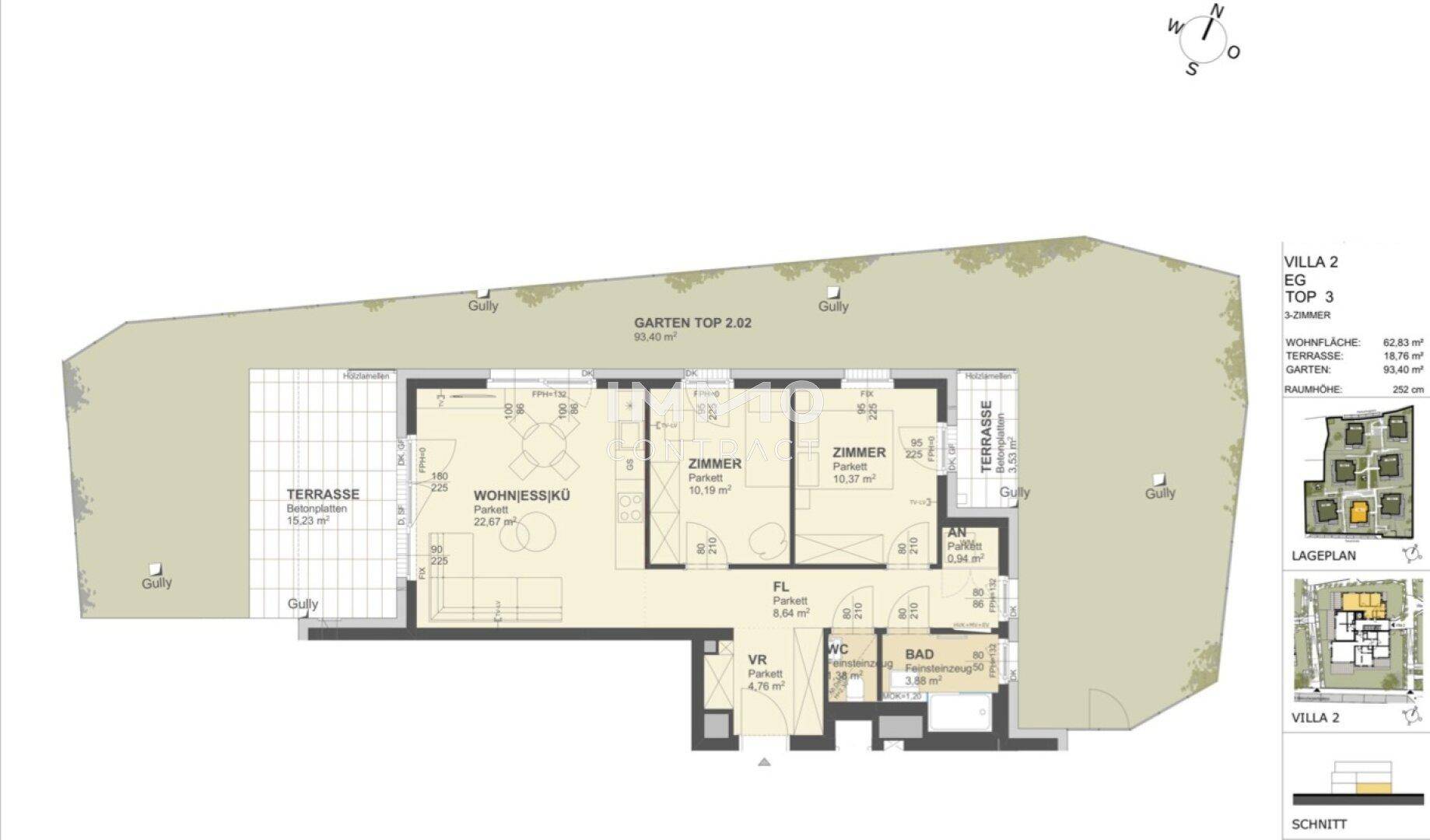 Grundriss einer 3-Zimmer-Wohnung im Erdgeschoss mit Terrasse und Garten.