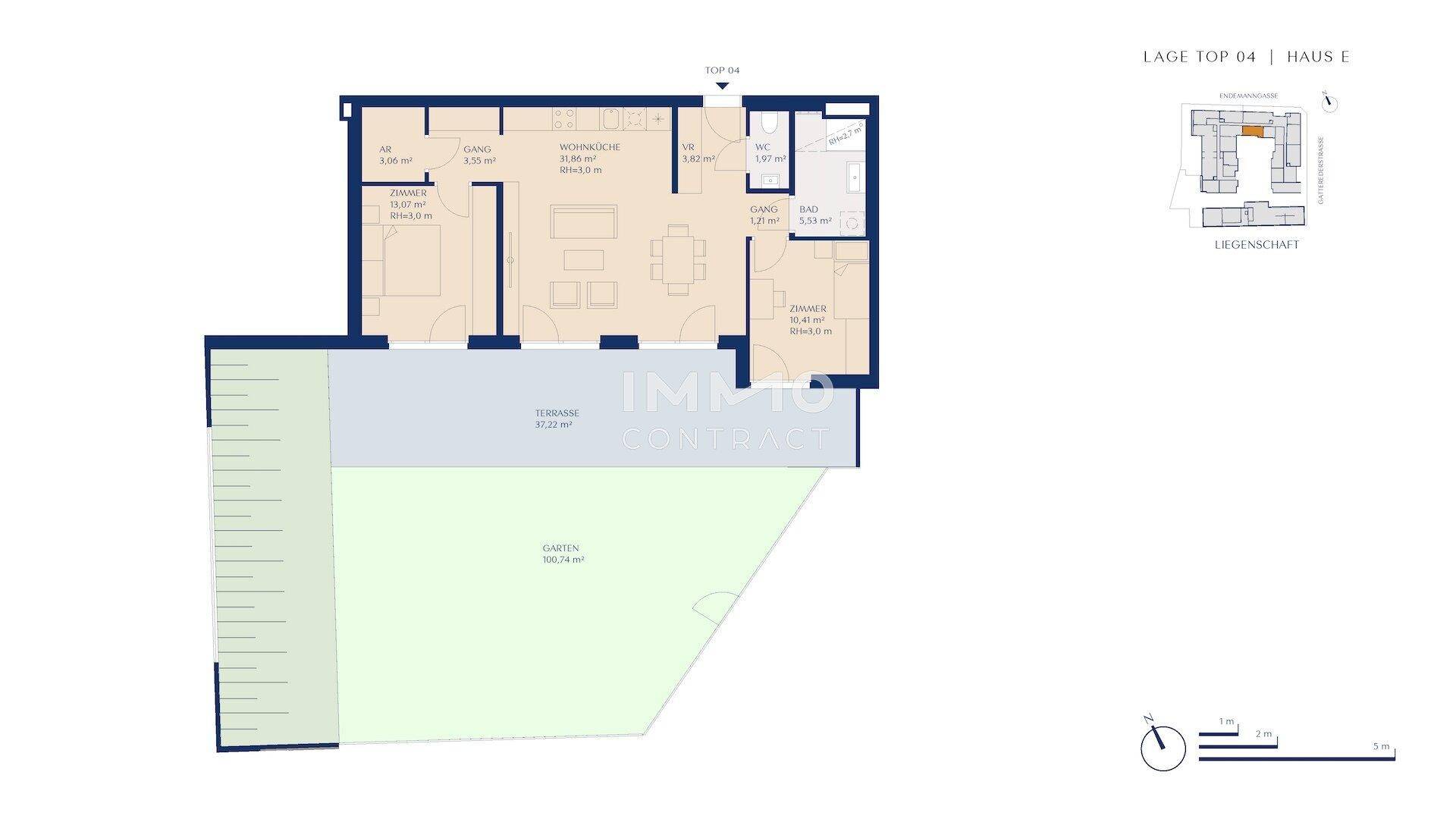 Grundriss einer Wohnung mit Terrasse und Gartenbereich, zeigt die funktionale Raumaufteilung.