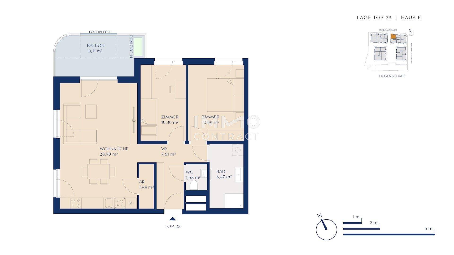 Grundriss einer Wohnung mit Wohnküche, zwei Zimmern, Bad und Balkon, ca. 70 m² Wohnfläche.