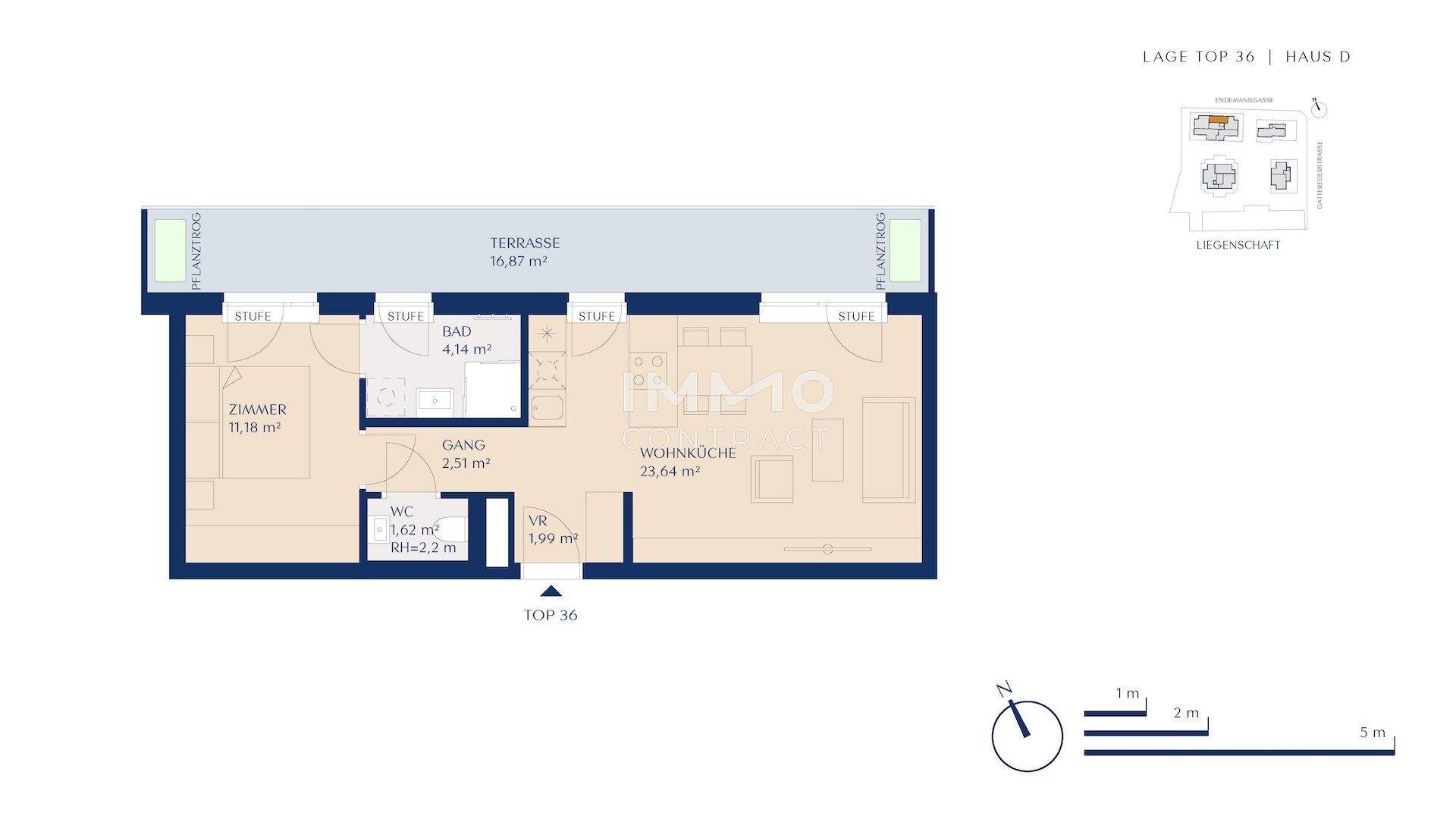 Grundriss einer Wohnung mit Wohnküche, Schlafzimmer, Bad und großer Terrasse.