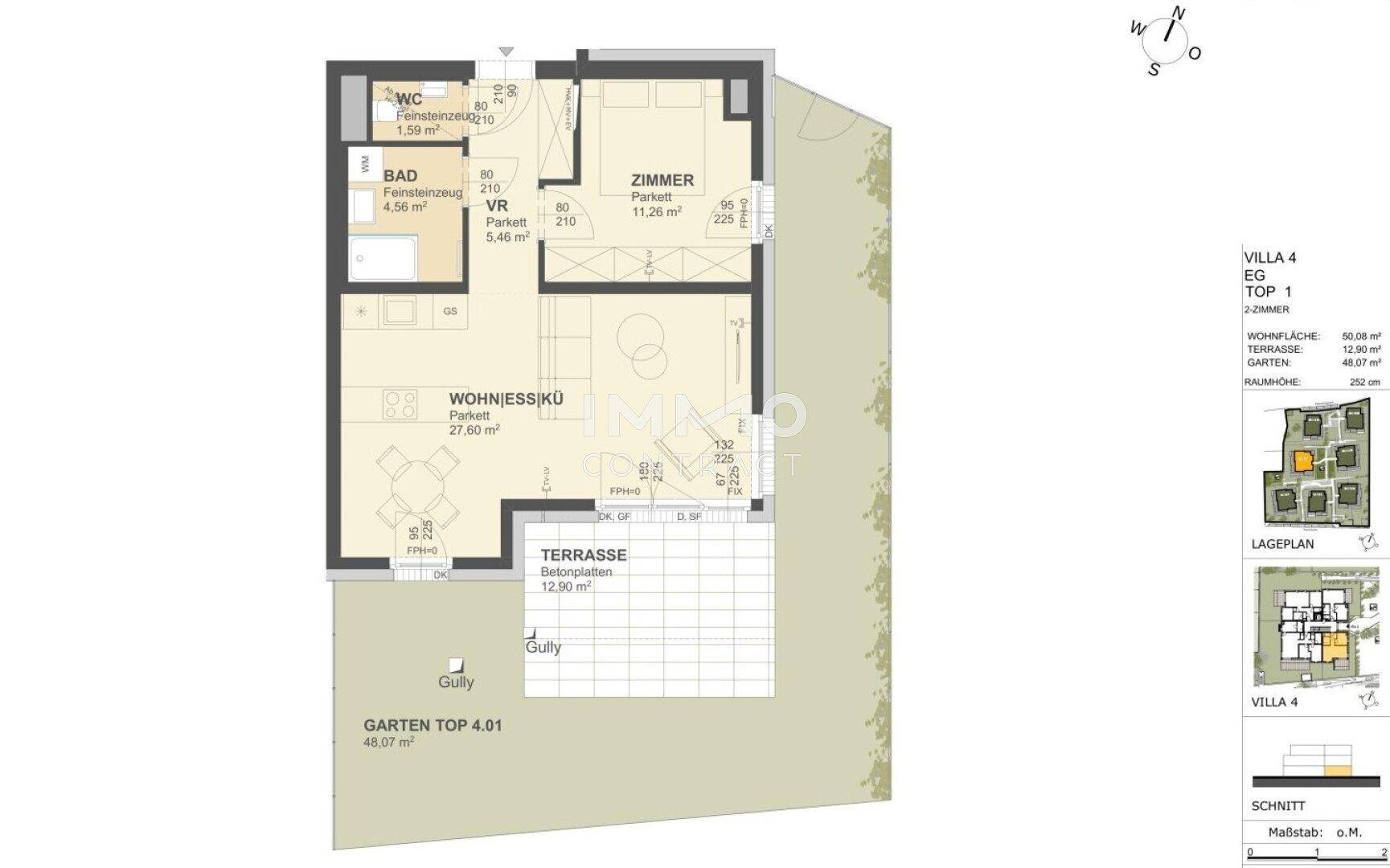 Detaillierter Grundriss einer Wohnung mit offenem Wohnbereich, Terrasse und Gartenanteil.