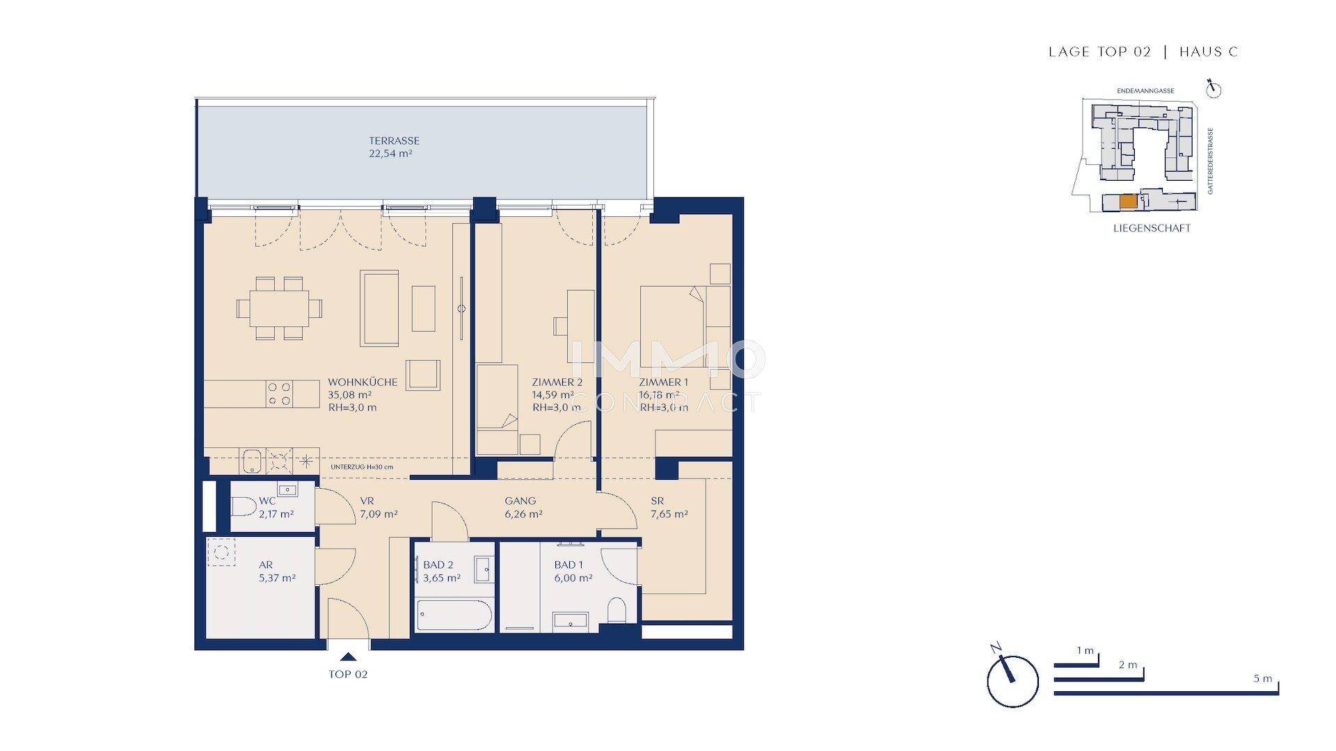 Grundriss einer Wohnung mit zwei Schlafzimmern, zwei Bädern und großer Terrasse.