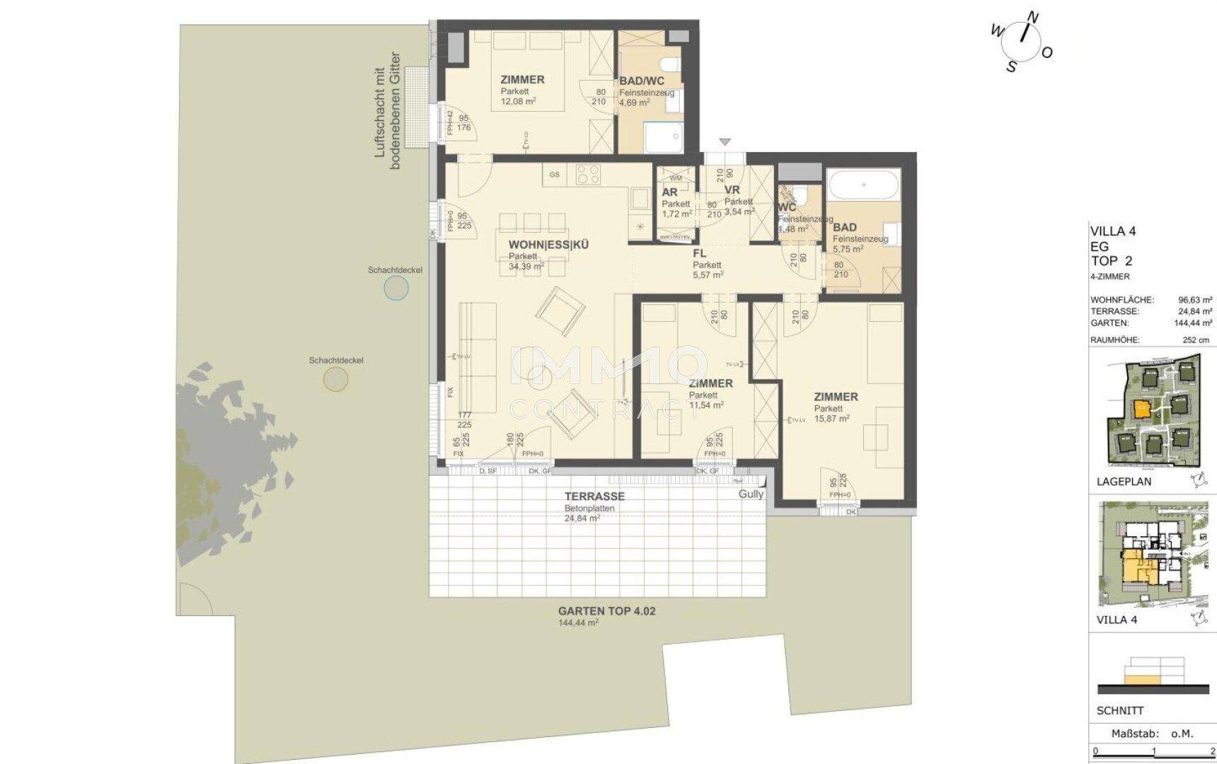 Grundriss einer Erdgeschosswohnung mit offenem Wohnbereich, Terrasse und Garten.