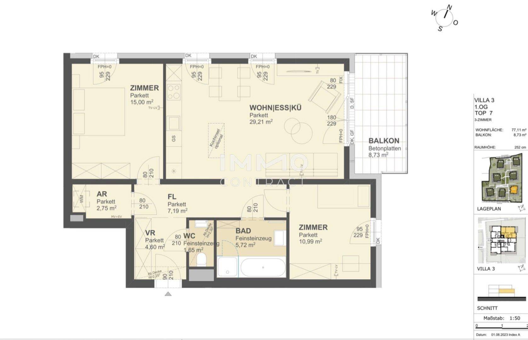 Grundriss einer Wohnung mit Wohn-Essbereich, zwei Zimmern, Bad und Balkon.