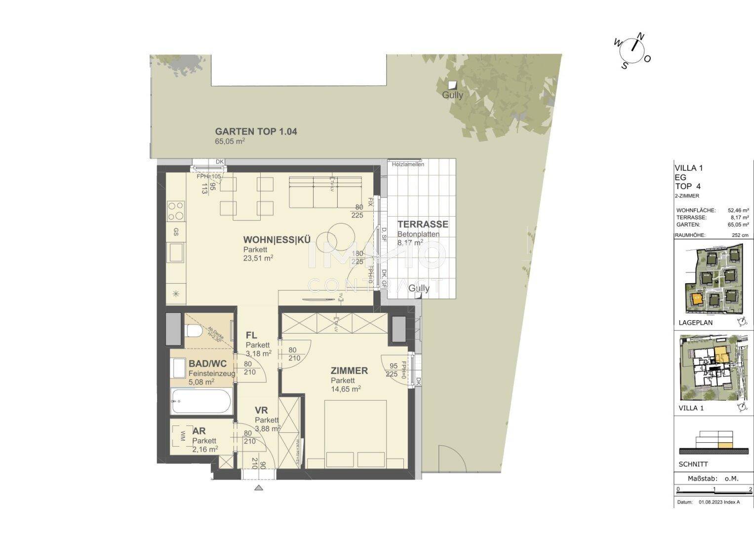 Grundriss einer 2-Zimmer-Wohnung im Erdgeschoss mit Terrasse und Garten.