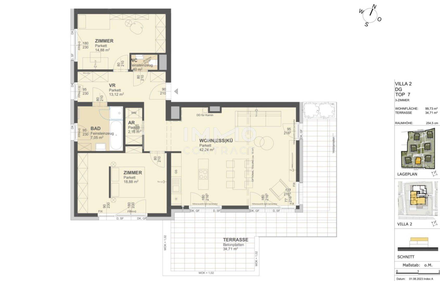 Grundriss zeigt eine Wohnung mit offenem Wohn-Essbereich, zwei Zimmern und großer Terrasse.