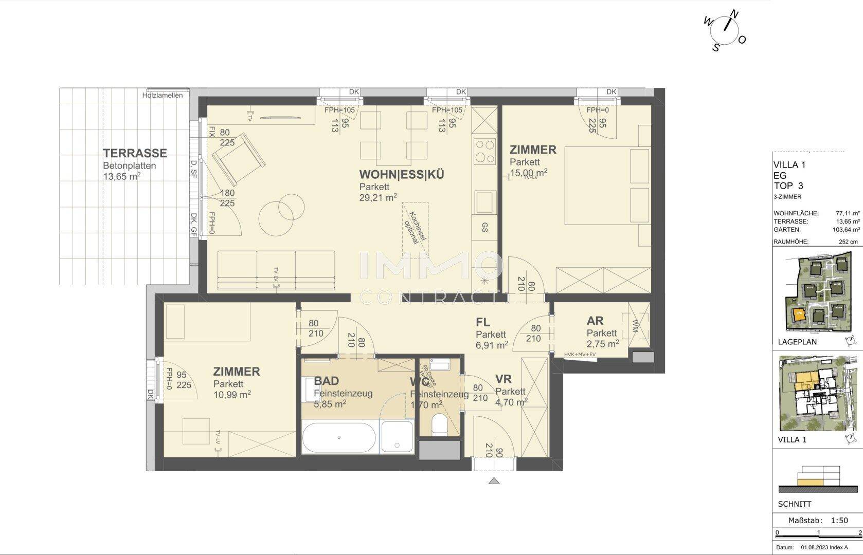 Detaillierter Grundriss einer Wohnung mit Wohn-Essbereich, zwei Schlafzimmern und Terrasse.