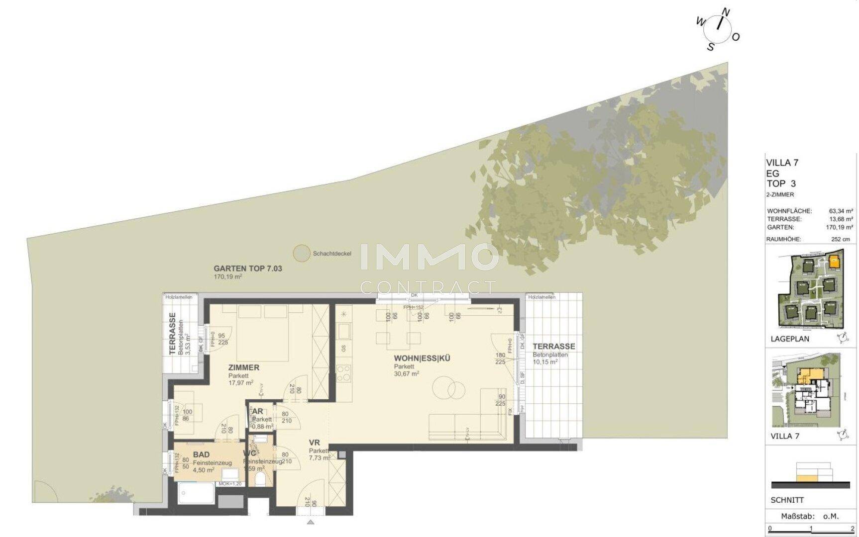 Grundriss einer 2-Zimmer-Wohnung im Erdgeschoss mit Terrasse und Gartenanteil.