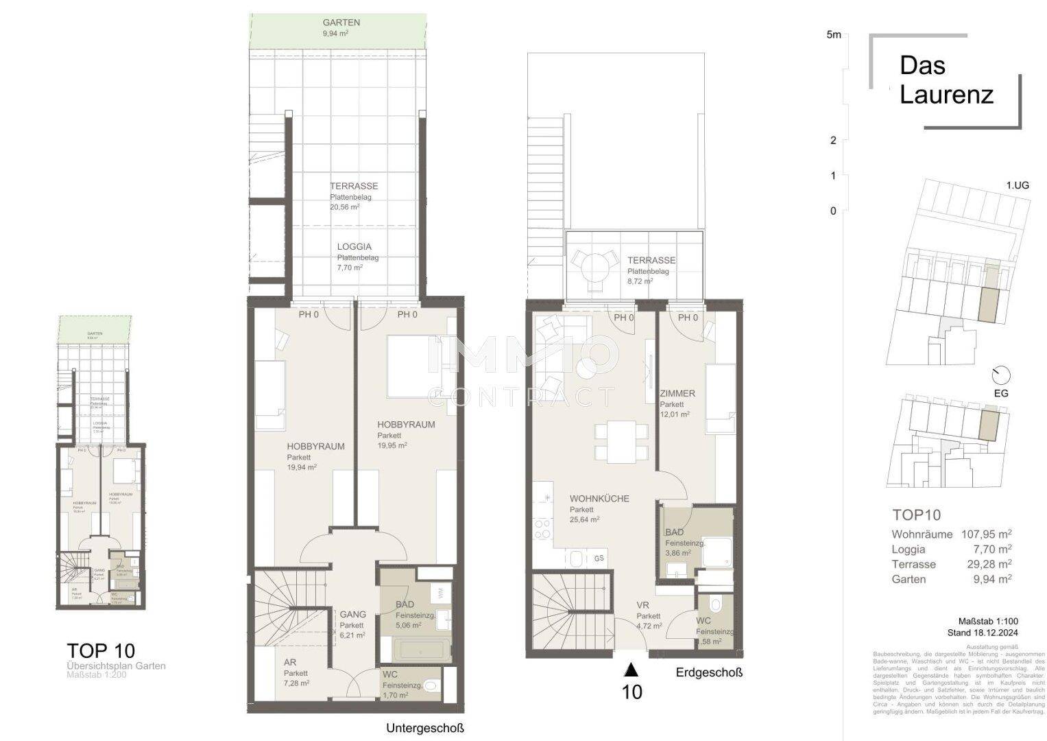 Detaillierter Grundriss der Wohnung TOP 10 mit Garten, Terrasse und Loggia.