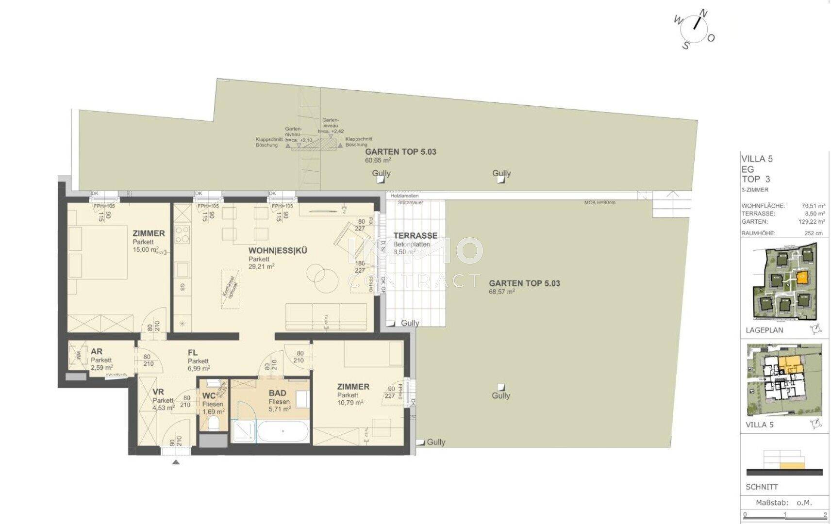 Grundriss einer Erdgeschosswohnung mit offenem Wohn-Essbereich, Terrasse und Gartenanteil.