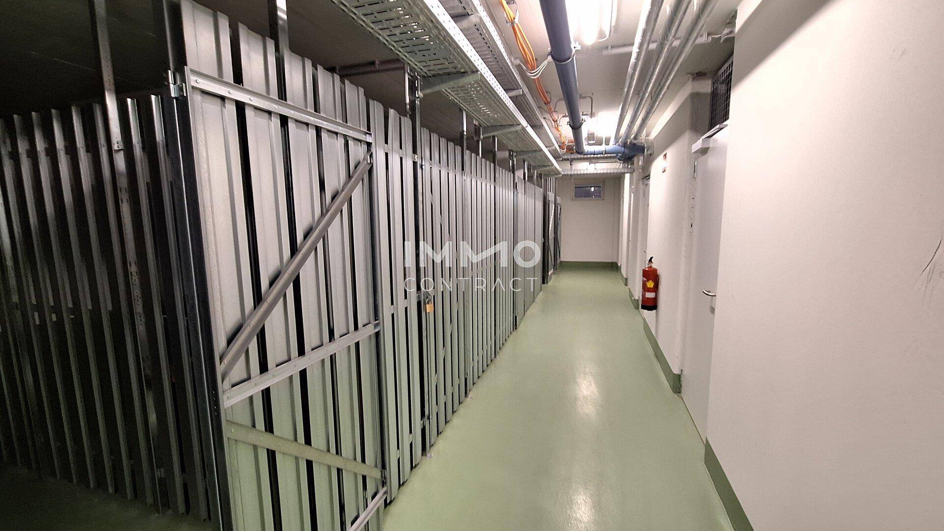 Praktische Abstellräume im Kellerbereich mit Metallabtrennungen und guter Beleuchtung.
