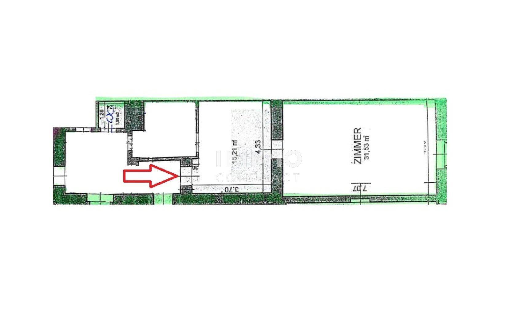 Grundriss mit Raumaufteilung und Flächenangaben, inklusive eines großen Zimmers von 51,55 m².
