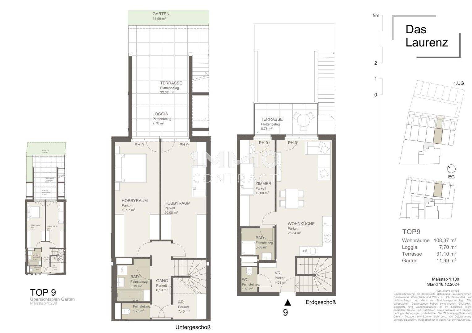 Grundrissplan einer Maisonette-Wohnung mit Erdgeschoss und Untergeschoss, inklusive Garten, Terrasse und Loggia.