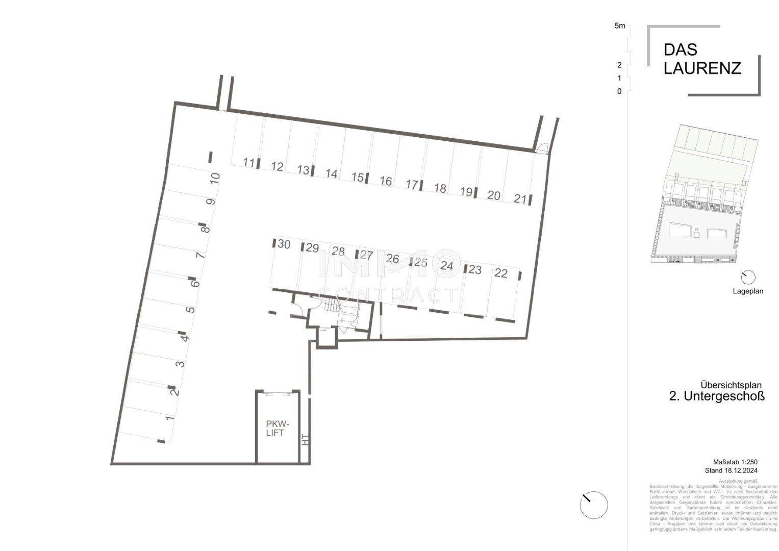 Grundriss des Untergeschosses mit Tiefgaragenstellplätzen und PKW-Lift.
