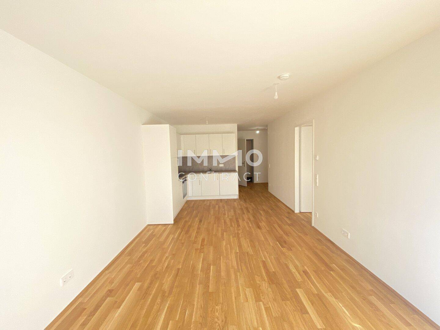 Heller Wohnbereich mit Holzboden und integrierter Küchenzeile in modernem Design.